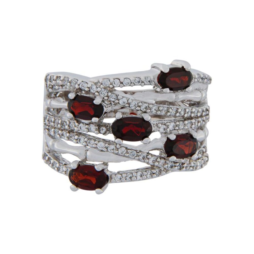 Platinum Plated Genuine Garnet Multi-Row Wide Band Cocktail Ring, Size 9